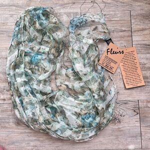 Fleurs Silk Scarf 72x20 Sheer Floral Abstract Lightweight Wrap NWT Blue Green